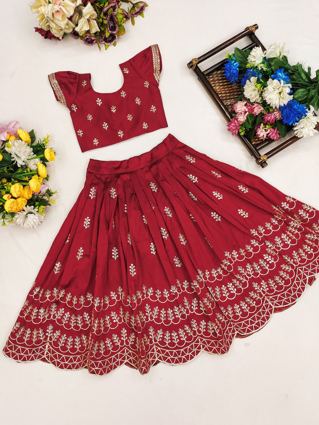 

BAESD Girls Embroidered Sequinned Foil Print Ready to Wear Lehenga Set, Maroon