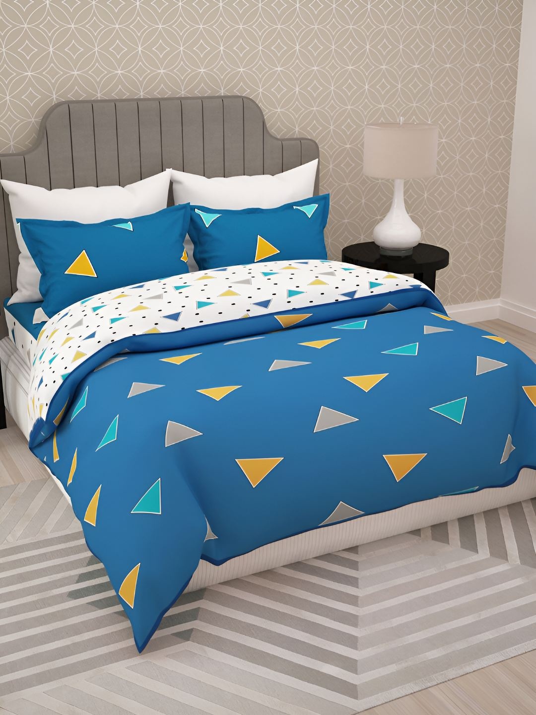 

Story@home Blue & White 4 Pieces Geometric Cotton Double Queen Regular Bedding Set