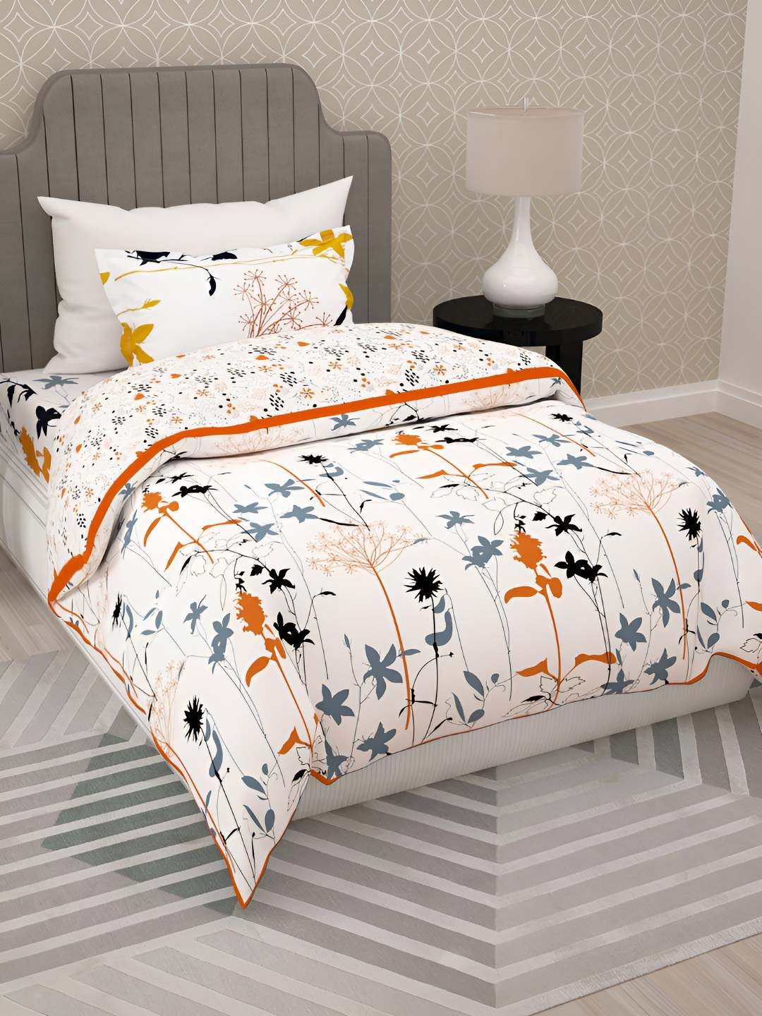 

Story@home White & Orange 4 Pieces Floral Cotton Single Regular Bedding Set