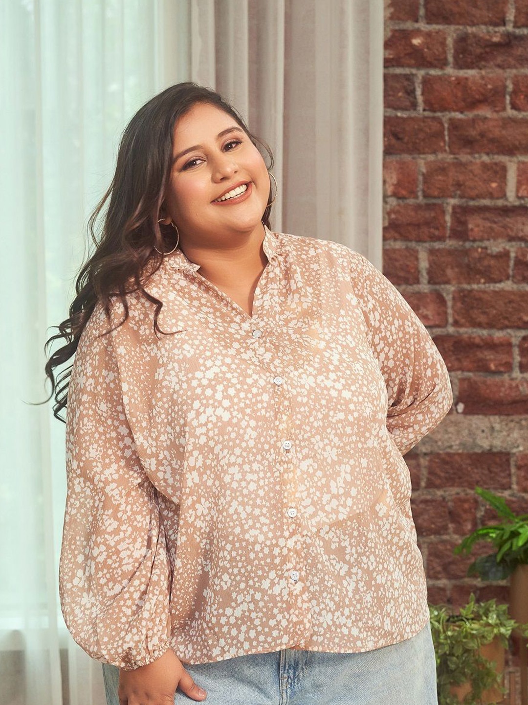 

NANGALIA RUCHIRA Women Comfort Opaque Printed Casual Plus Size Shirt, Coffee brown