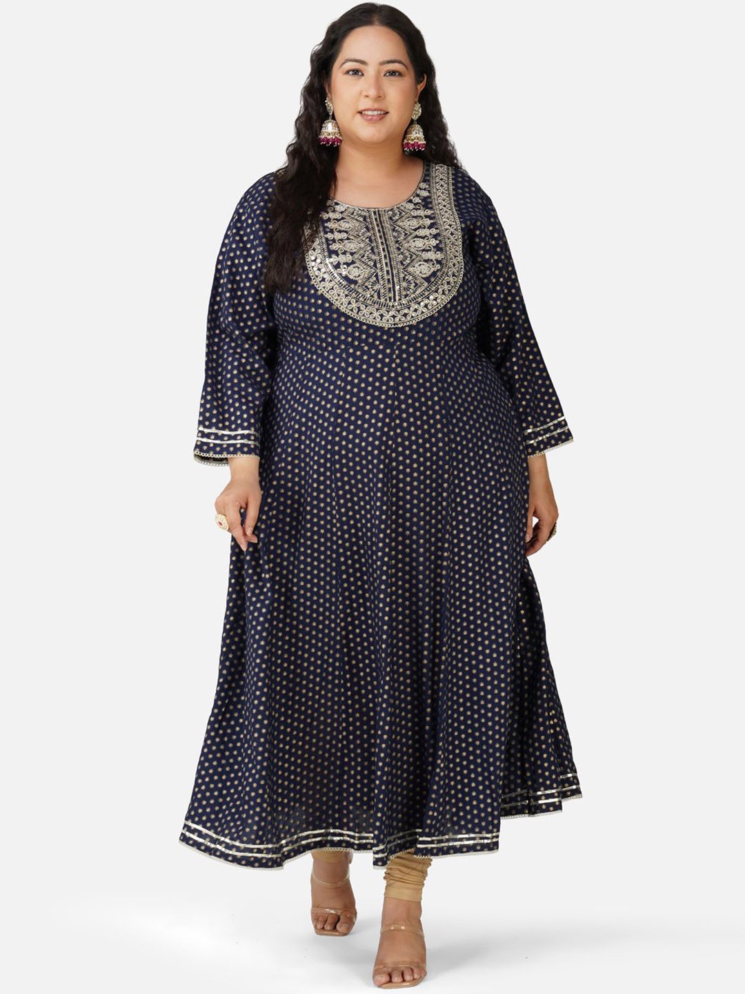 

AnjuShree Choice Plus Size Geometric Printed Sequinned Anarkali Kurta, Navy blue