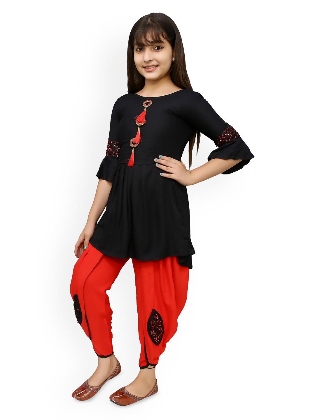 

Elendra jeans Girls Bell Sleeves A-Line Kurta with Dhoti Pants, Black