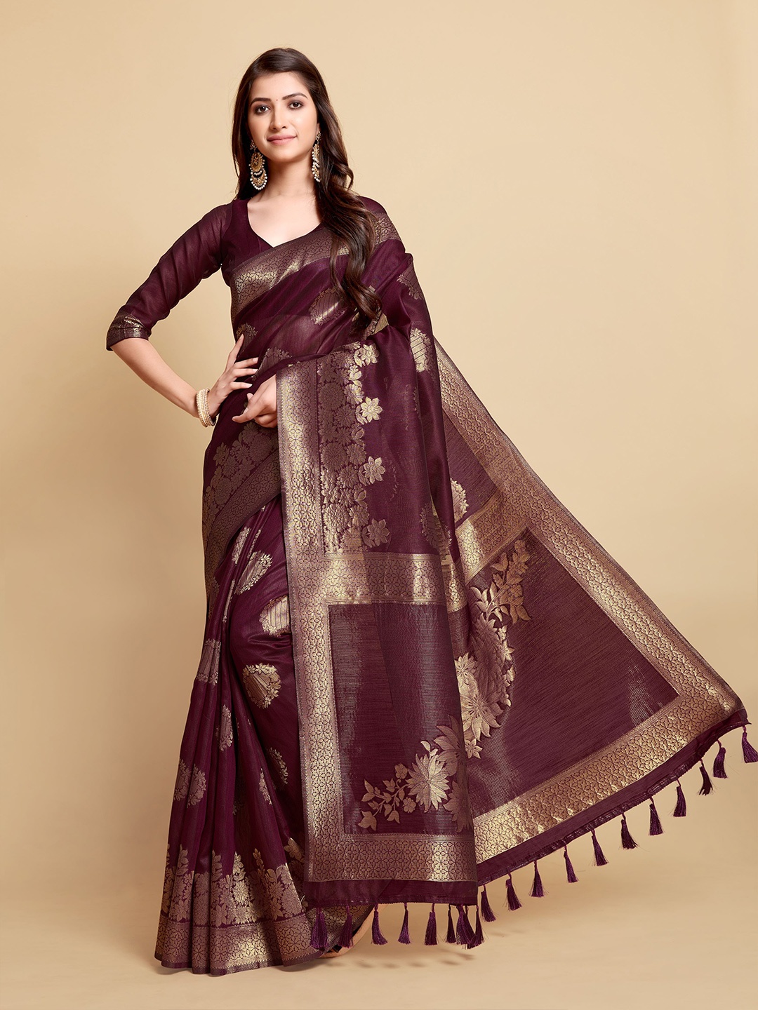 

HEER FASHION Ethnic Motif Zari Woven Tassel Saree, Magenta