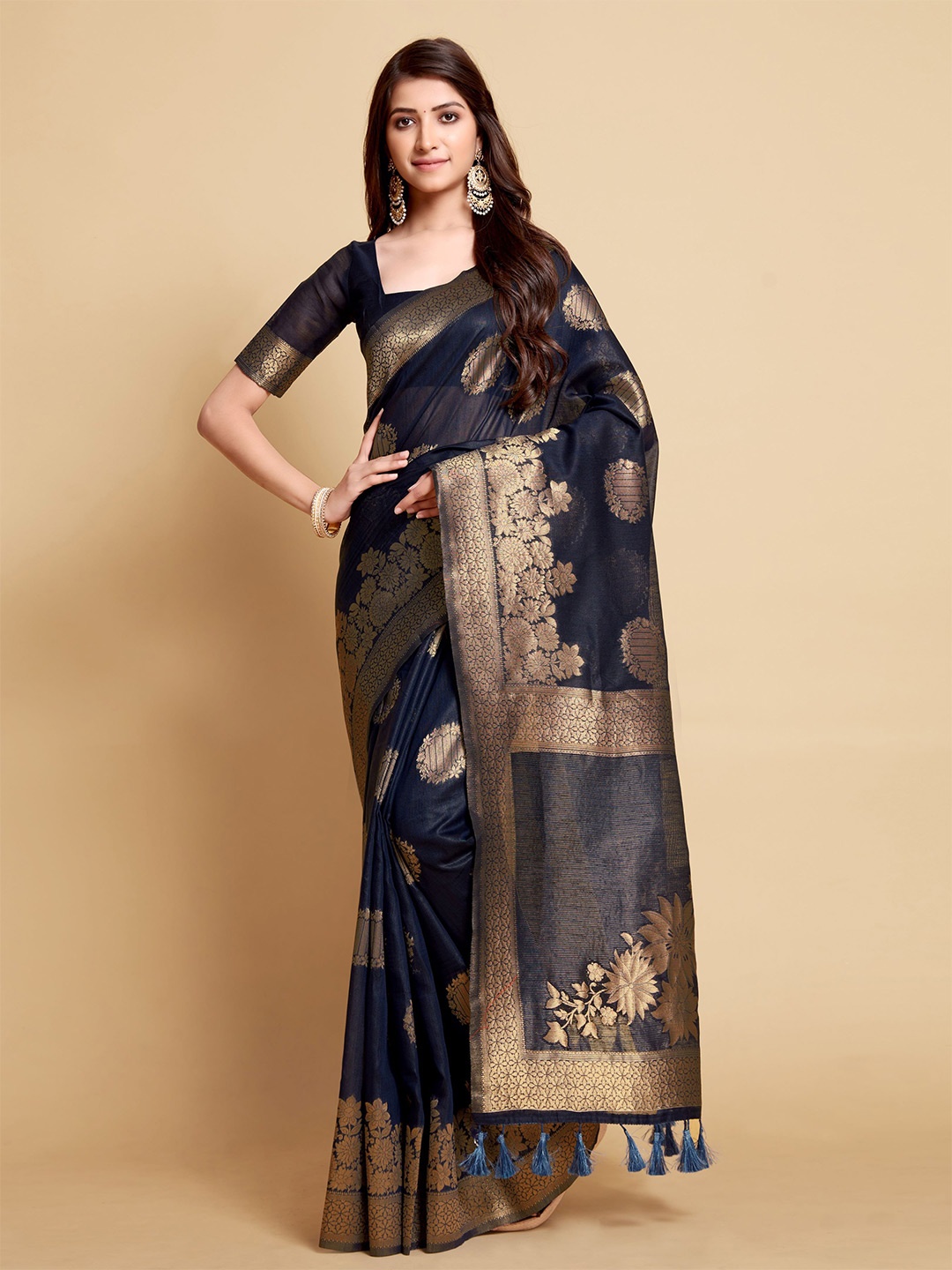 

HEER FASHION Ethnic Motif Zari Woven Tassel Saree, Navy blue