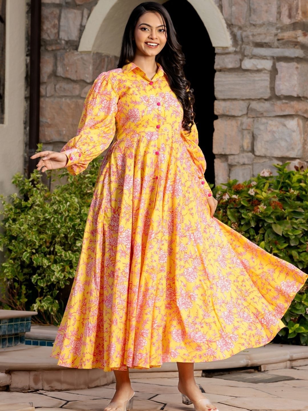 

HOUSE OF JAMOTI Women Floral Print Maxi Dress, Yellow