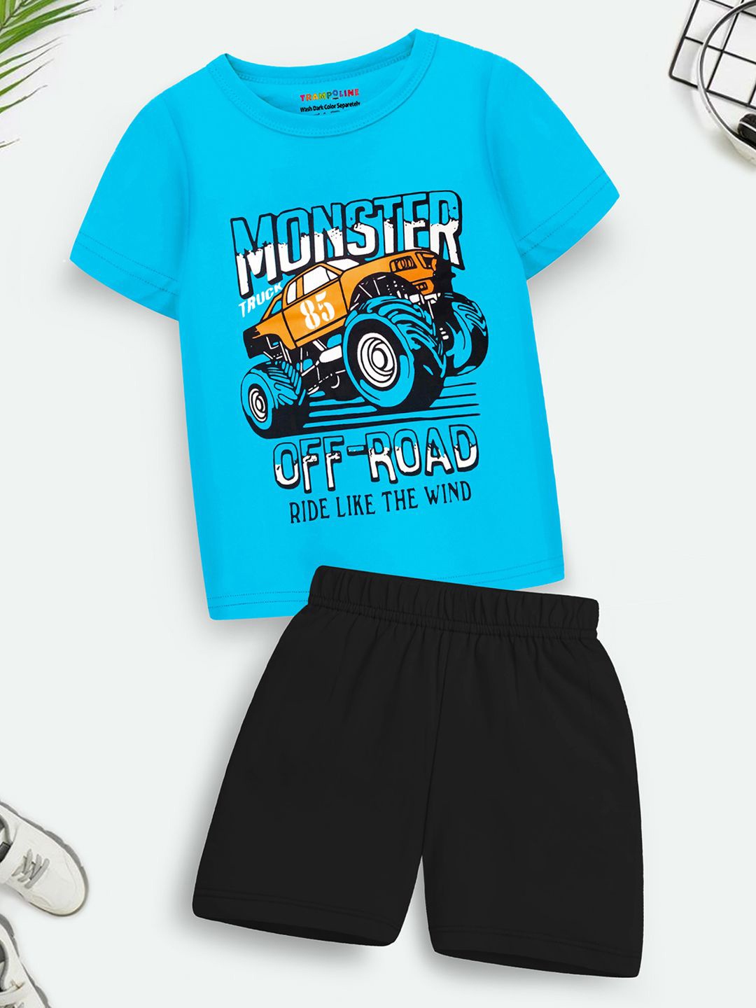 

YK X Trampoline Kids Printed Round Neck T-shirt with Shorts, Black