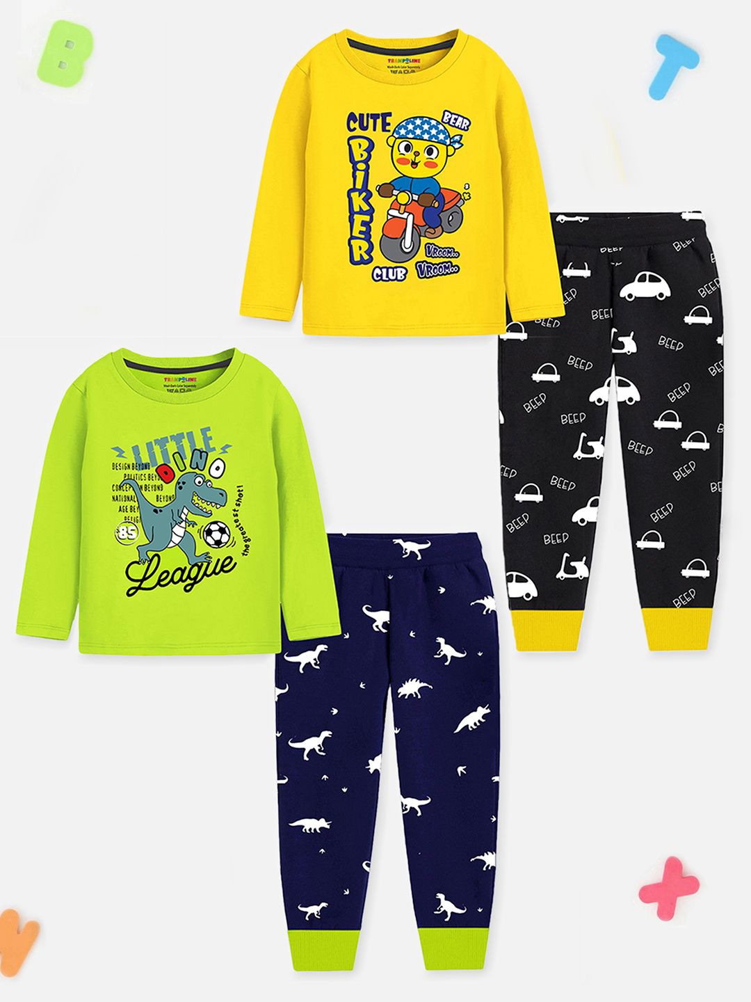 

YK X Trampoline Kids Pack Of 2 Printed T-shirt With Pyjamas, Yellow