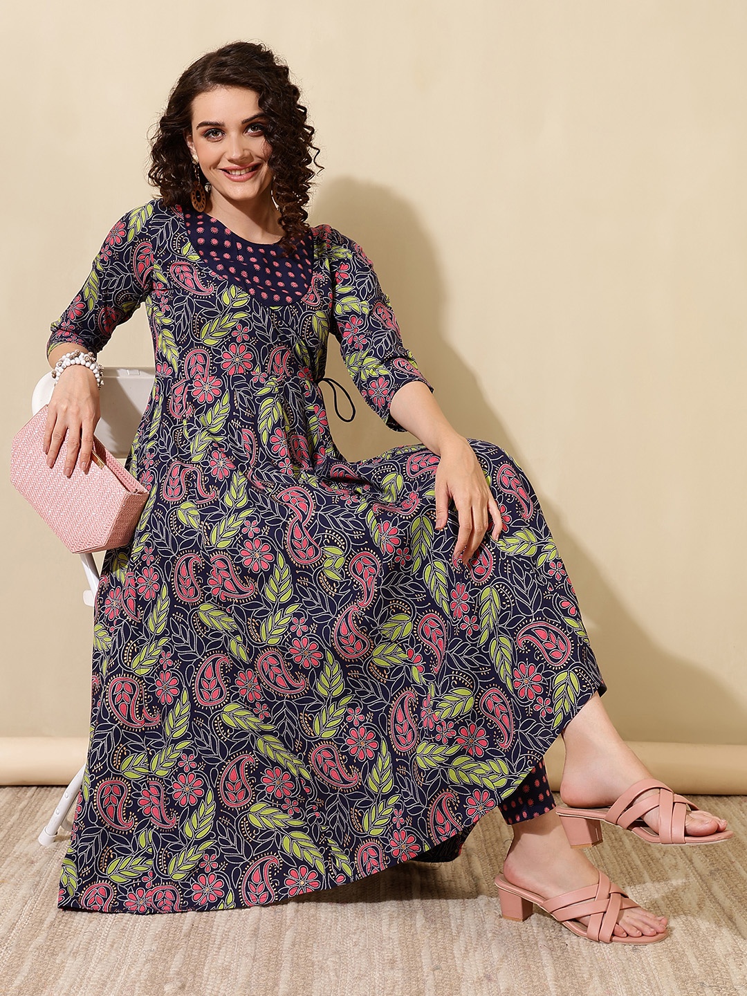 

DAEVISH Floral Printed Anarkali Kurta With Trouser, Blue