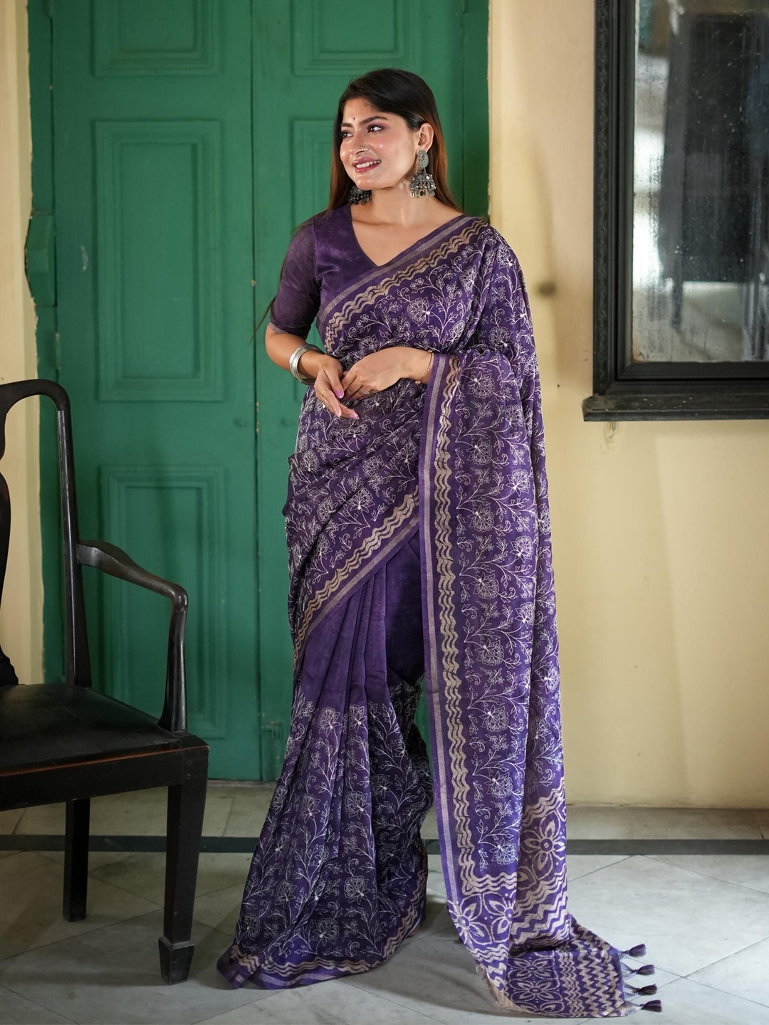 

Kandora Ethnic Motifs Pure Silk Tussar Saree, Purple
