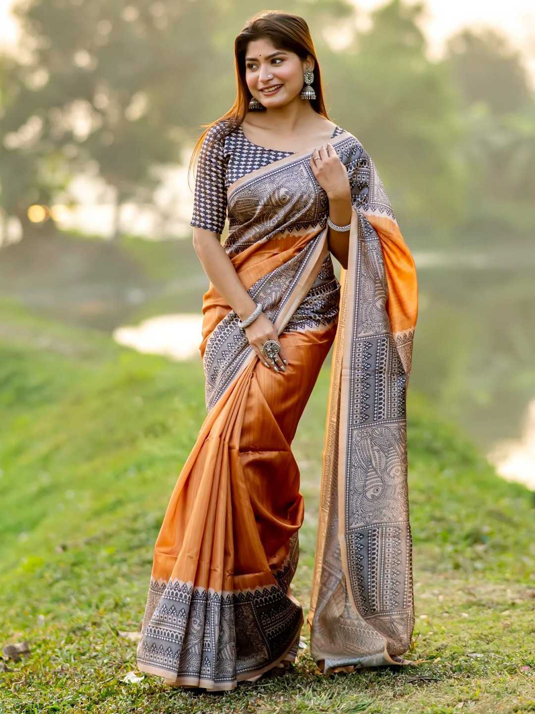 

Kandora Ethnic Motifs Pure Silk Tussar Saree, Orange