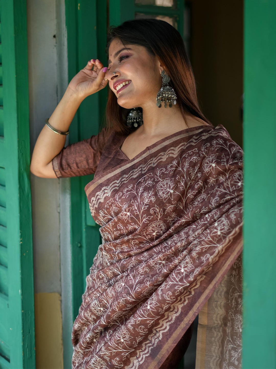 

Kandora Ethnic Motifs Pure Silk Tussar Saree, Brown