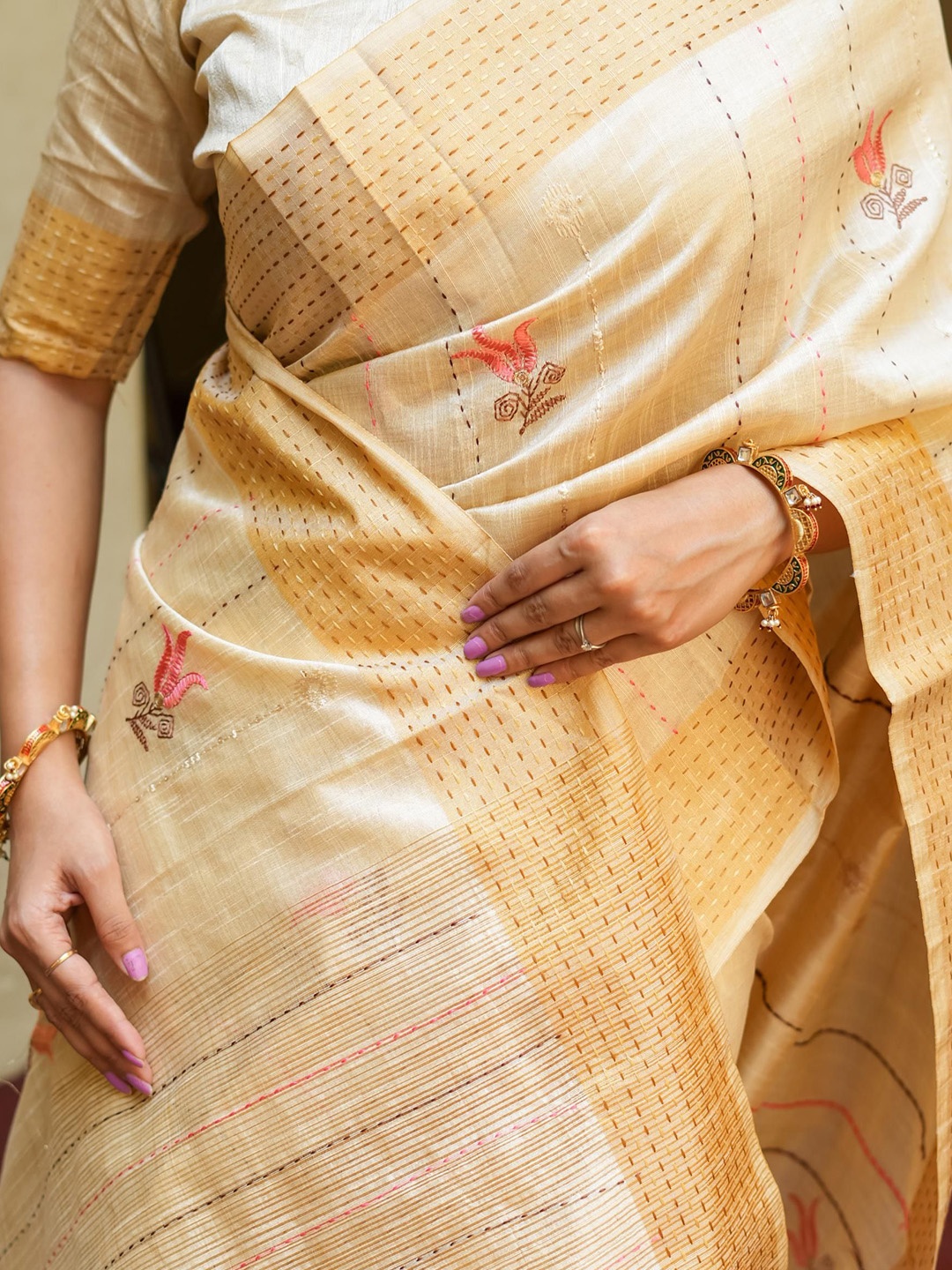 

Kandora Kantha work Pure Silk Tussar Saree, Cream