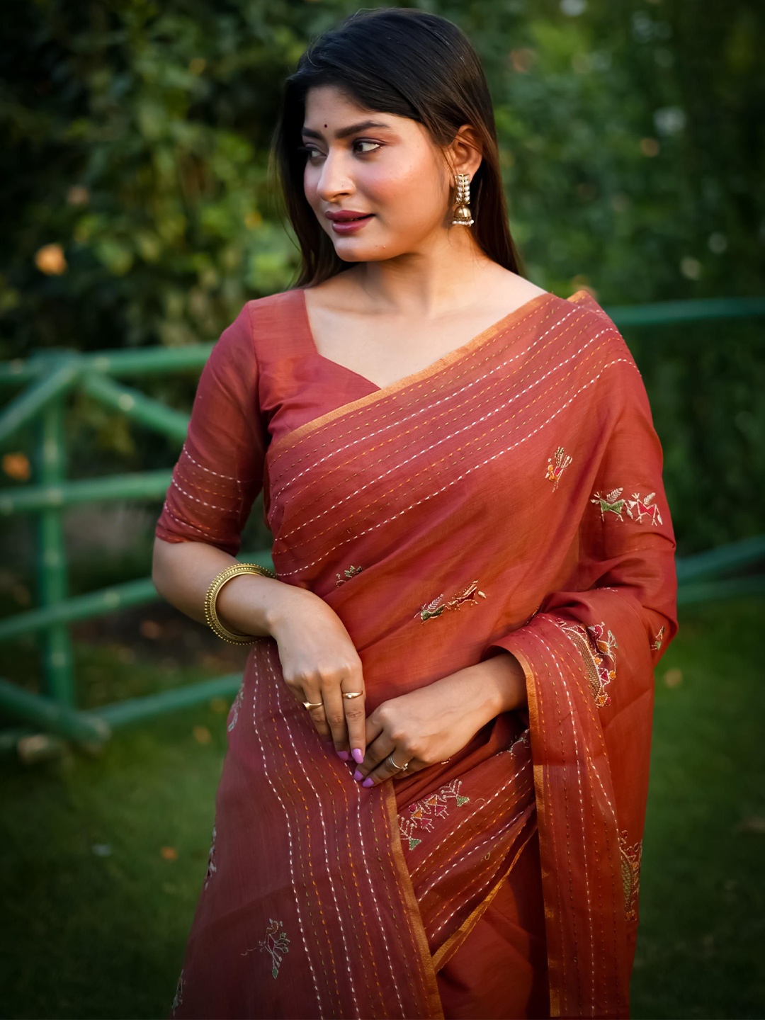 

Kandora Kantha Work Pure Silk Tussar Saree, Rust
