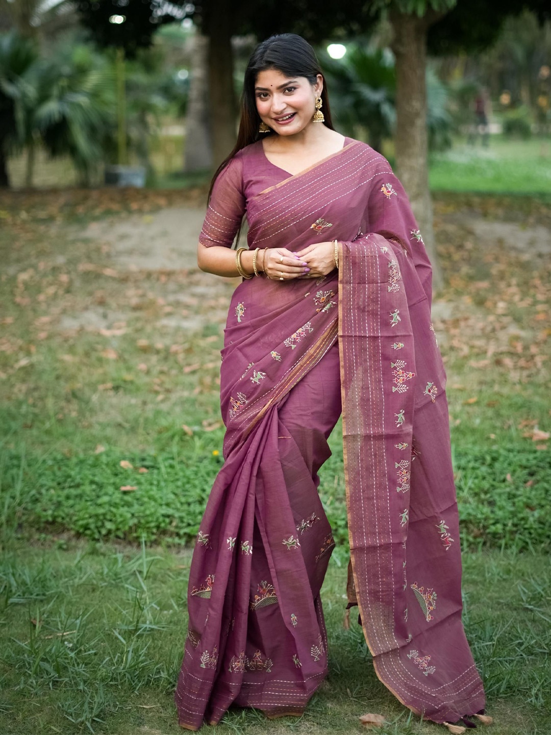 

Kandora Kantha work Pure Silk Tussar Saree, Pink