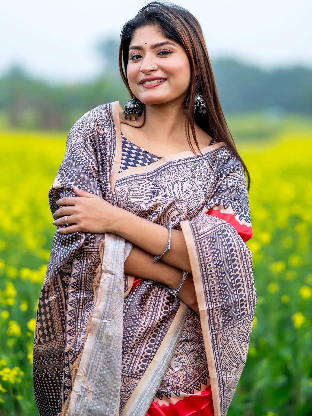 

Kandora Madhubani Print Pure Silk Tussar Saree, Red