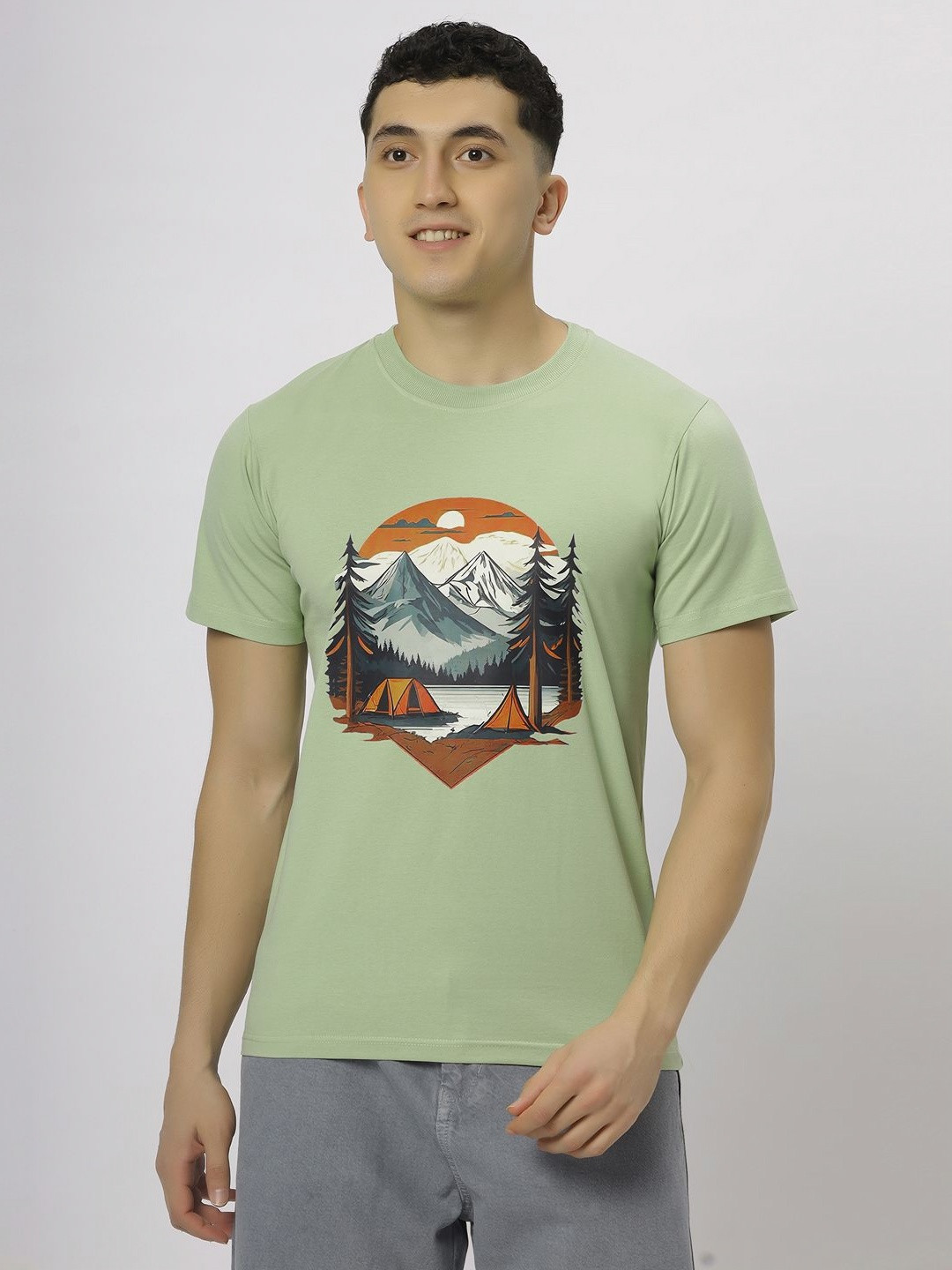 

N AND J Men Printed cotton T-shirt, Green