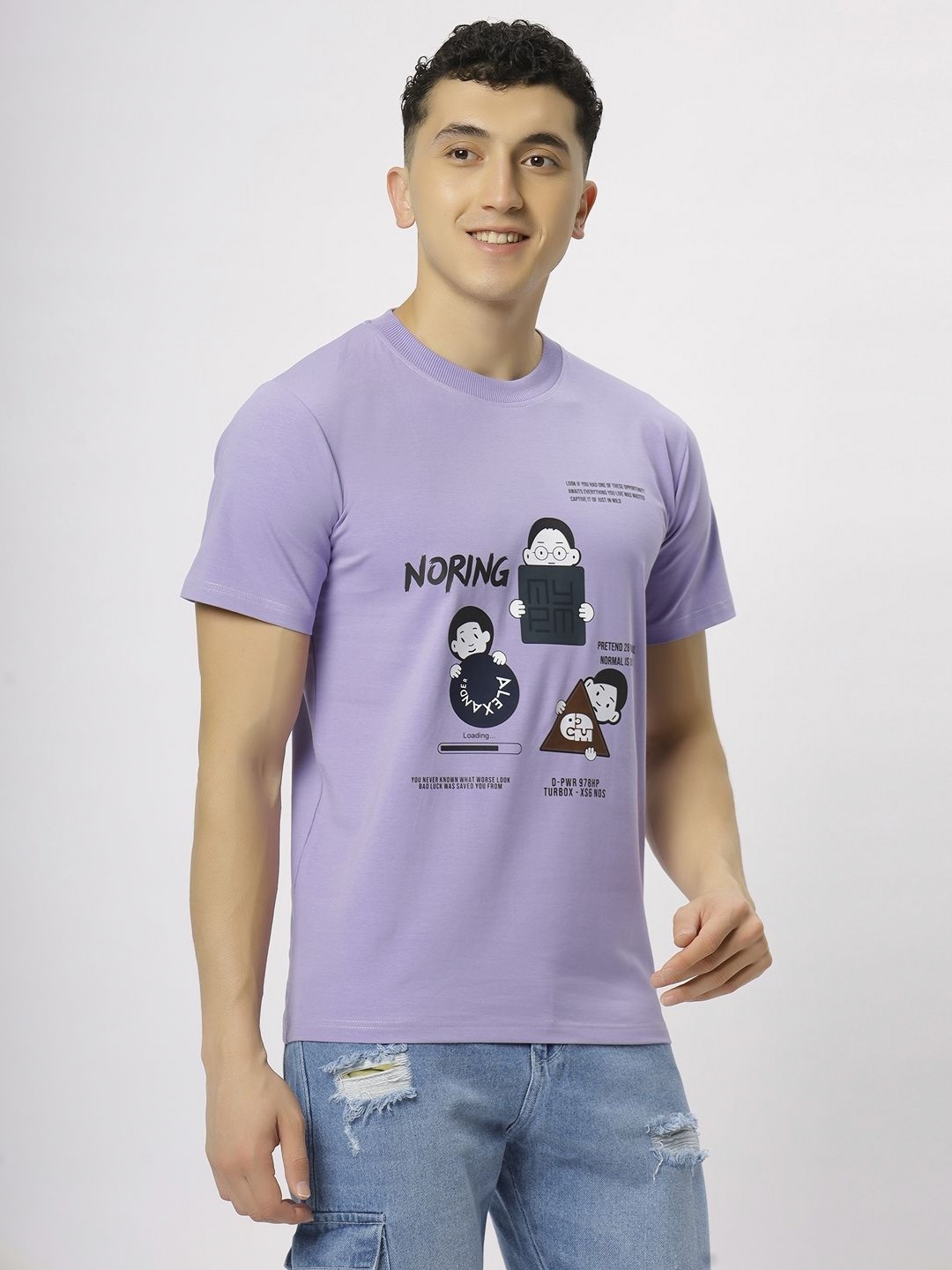 

N AND J Men Typography Printed Applique cotton T-shirt, Lavender