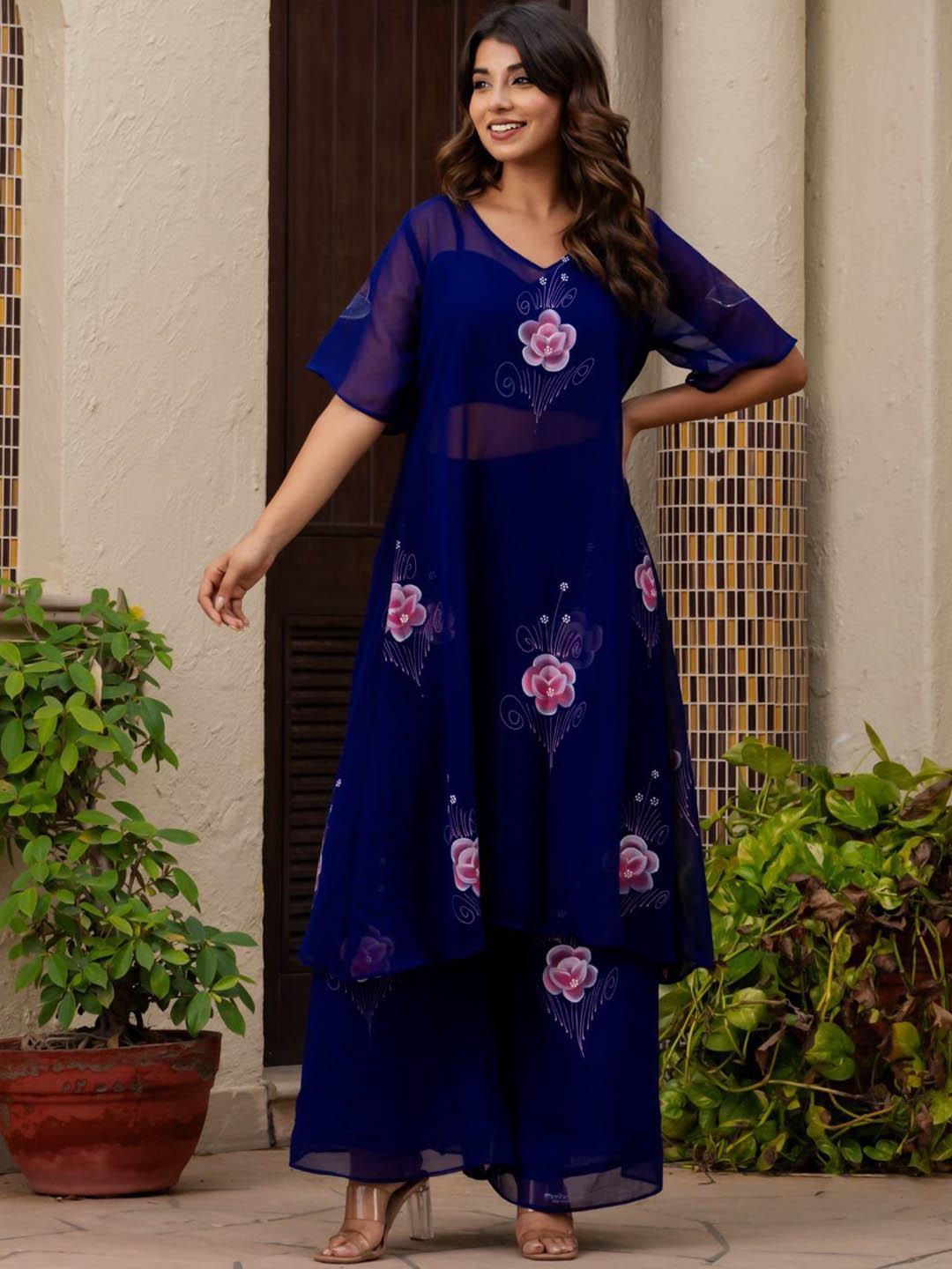

House of Jamoti Floral Printed Slip & Top With Palazzos, Blue