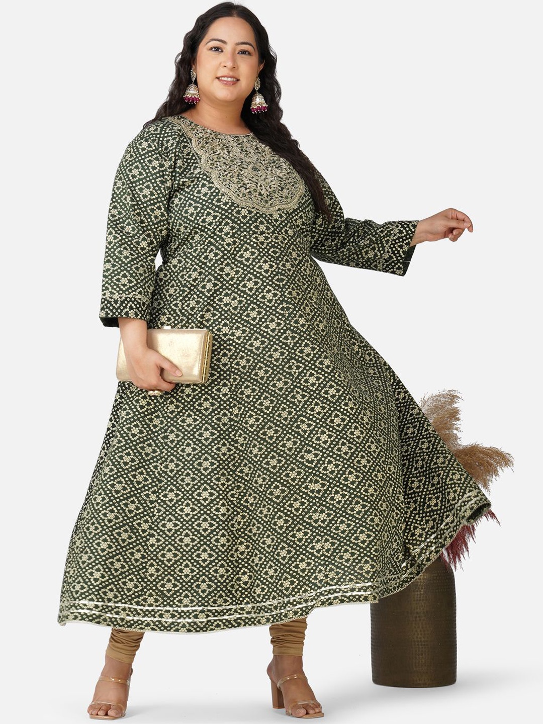 

AnjuShree Choice Plus Size Bandhani Printed Round Neck Sequinned Cotton Anarkali Kurta, Green