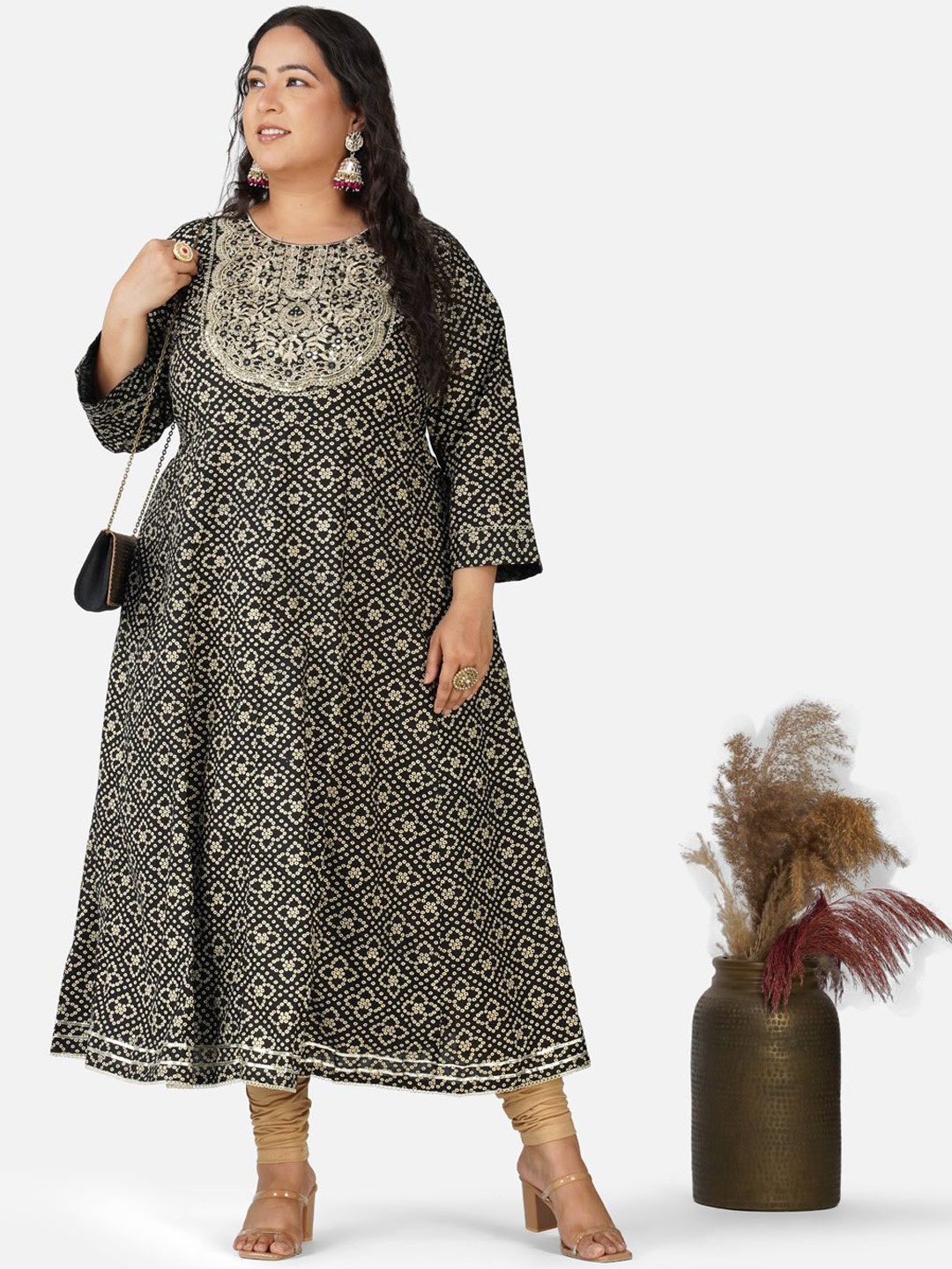 

AnjuShree Choice Plus Size Bandhani Printed Mirror Work Cotton Anarkali Kurta, Black