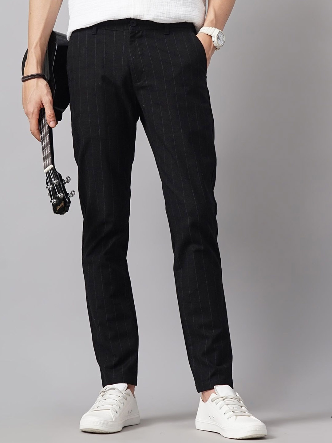 

British Club Men Stripes Smart Slim Fit Low-Rise Chinos Trousers, Black