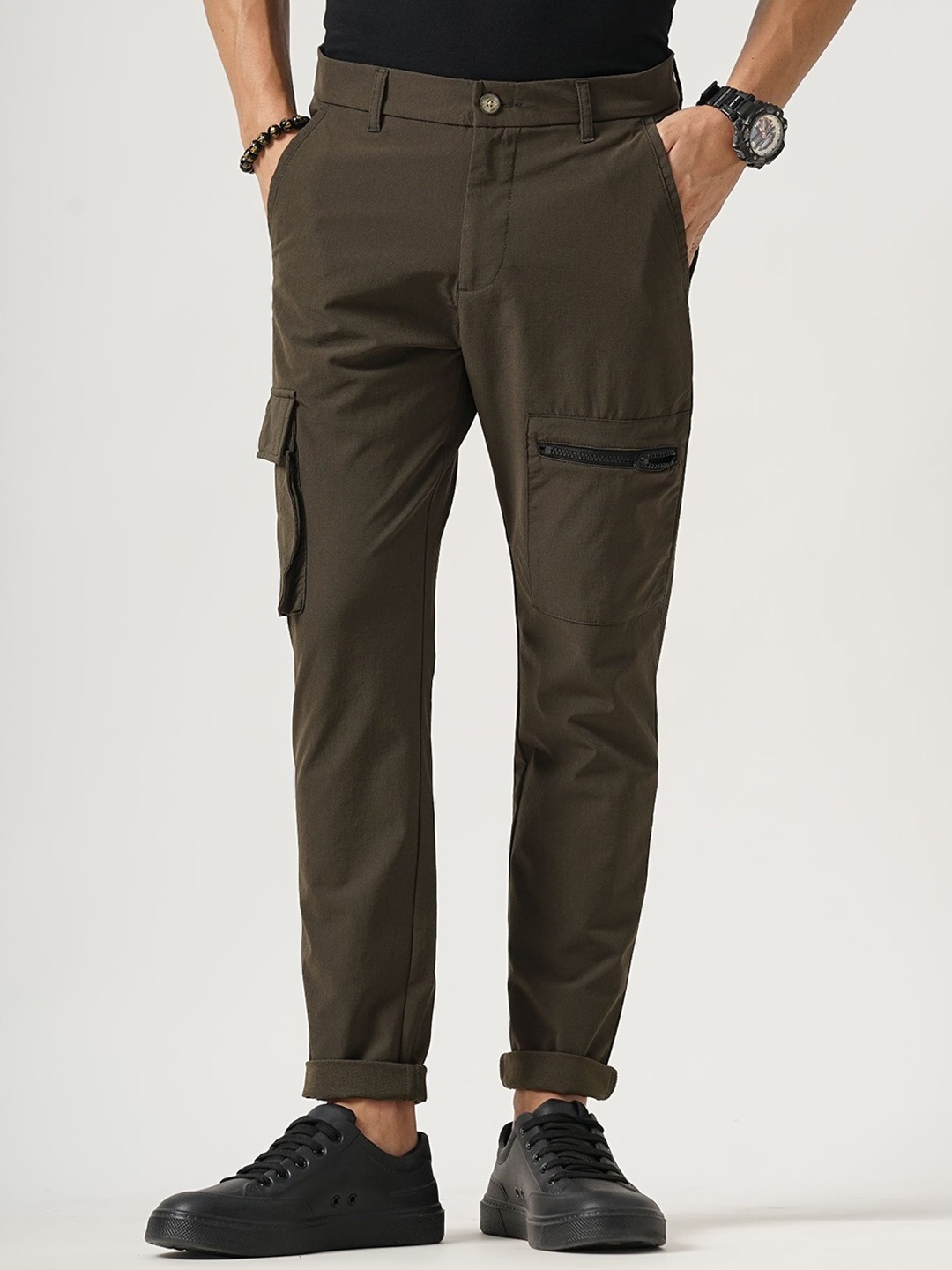 

British Club Men Smart Slim Fit Cargos Trousers, Olive