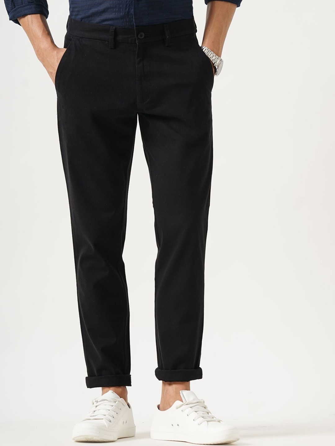 

British Club Men Smart Slim Fit Low-Rise Chinos Trousers, Black