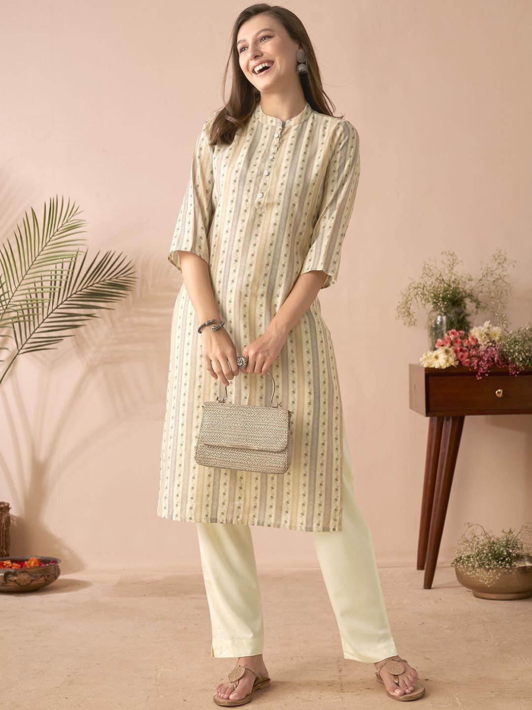 

Anouk Grey Striped Mandarin Collar Chanderi Silk Straight Kurta