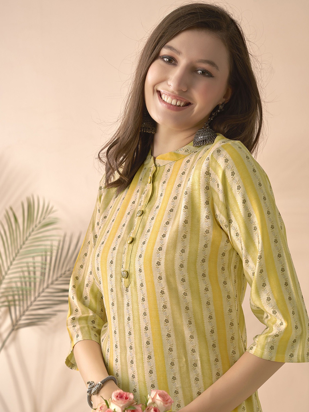 

Anouk Yellow Striped Mandarin Collar Chanderi Silk Straight Kurta