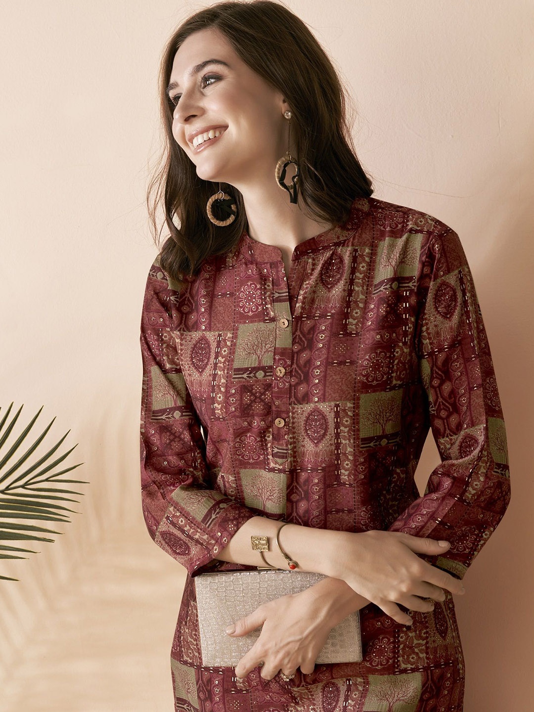 

Anouk Maroon Ethnic Motifs Printed Mandarin Collar Chanderi Silk Straight Kurta