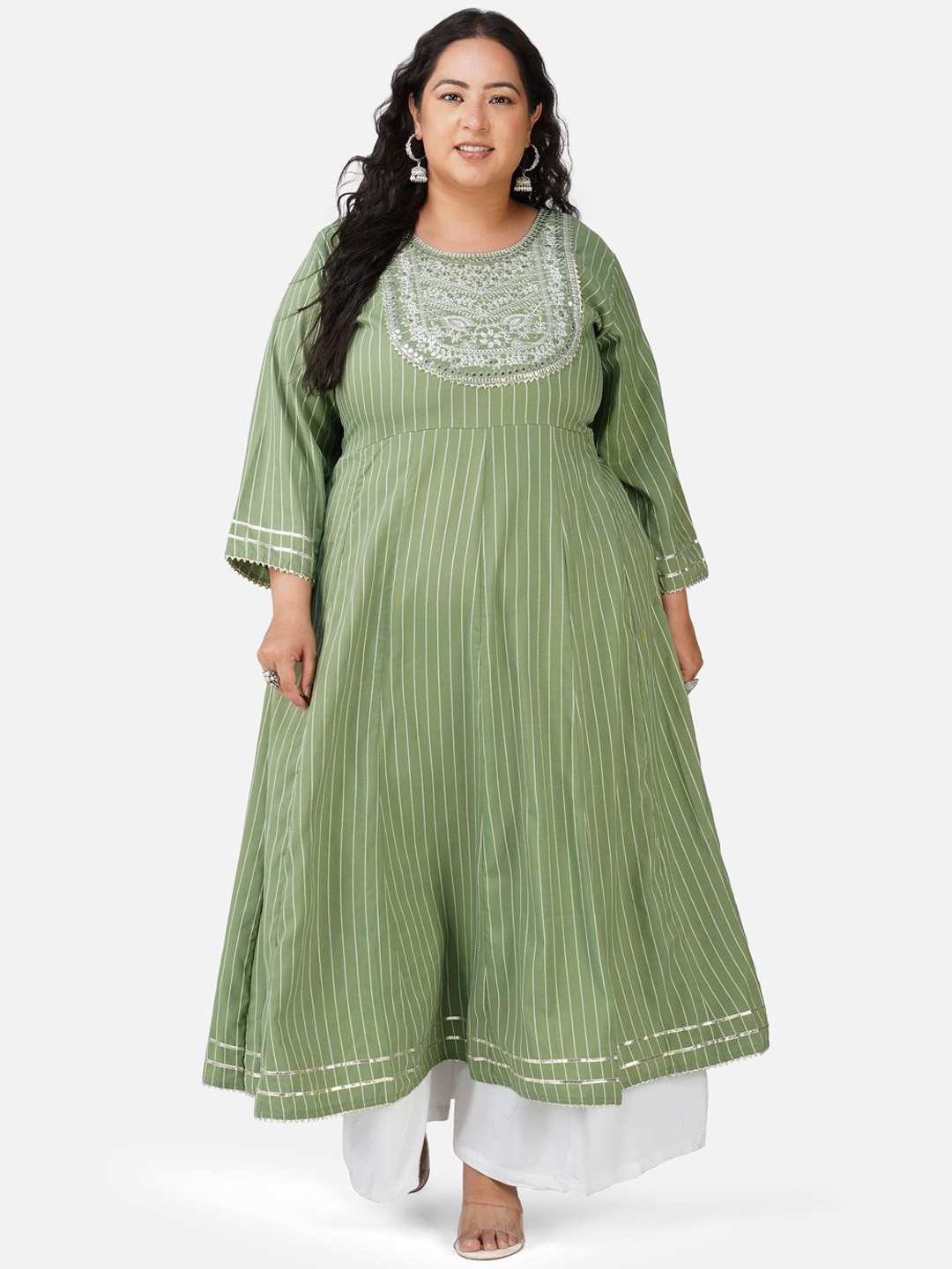 

AnjuShree Choice Plus Size Striped Round Neck Sequinned Anarkali Kurta, Green