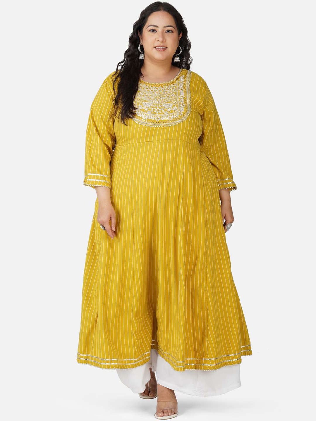 

AnjuShree Choice Plus Size Striped Round Neck Sequinned Anarkali Kurta, Yellow