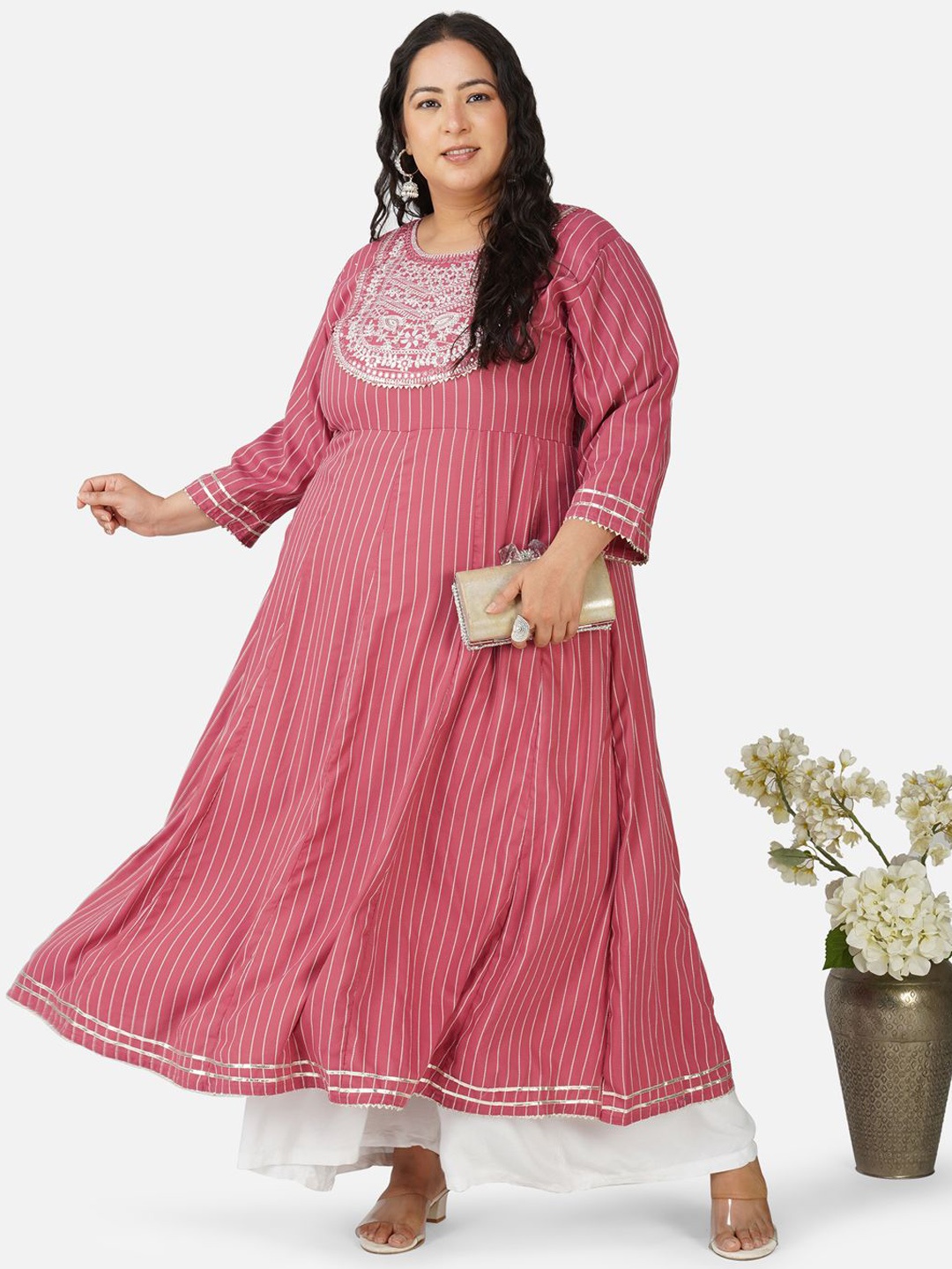 

AnjuShree Choice Plus Size Striped Embroidered Mirror Work Anarkali Kurta, Peach