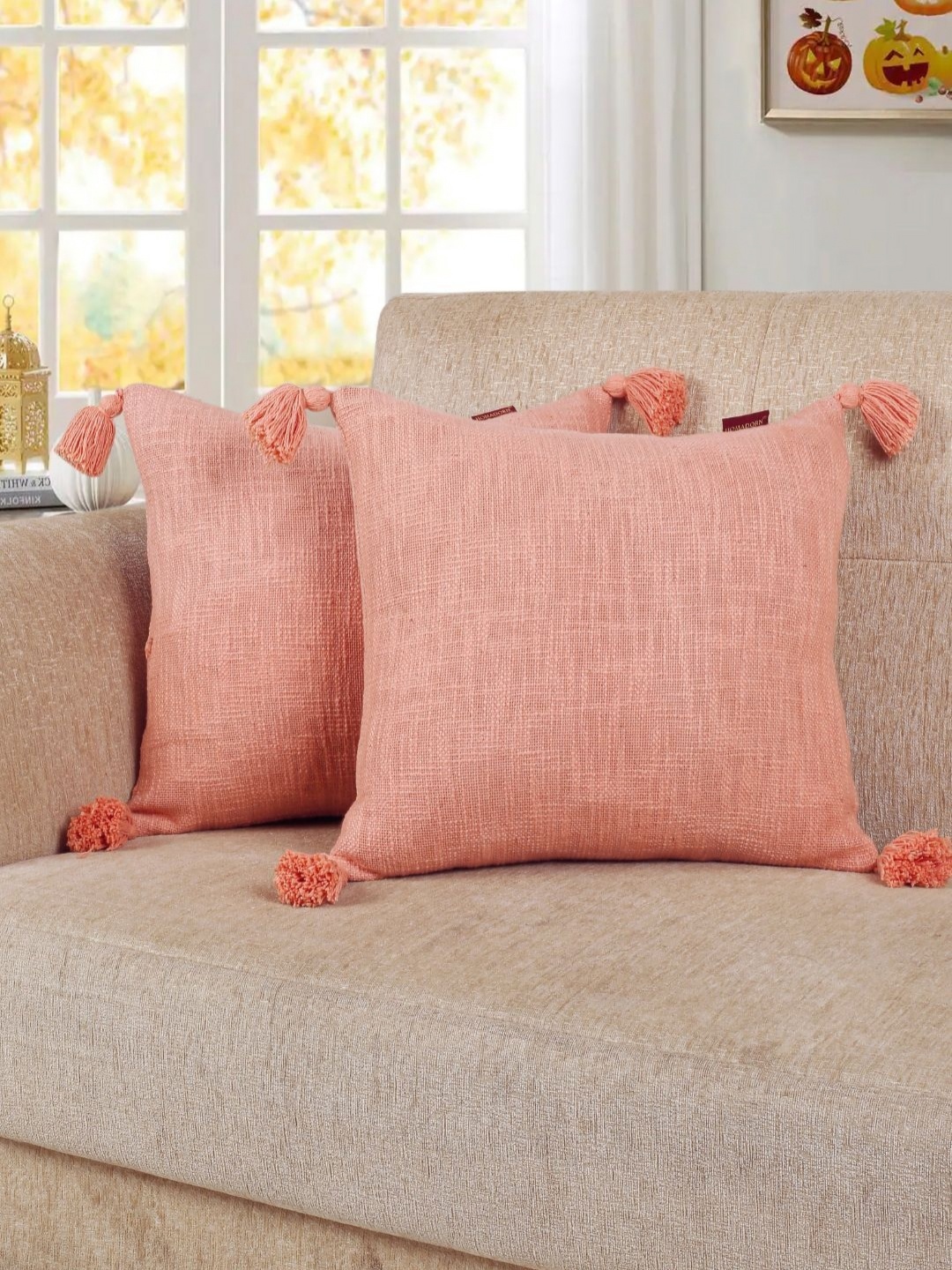 

HOMADORN Peach 2 Pieces Square Tasselled Cotton Cushion Covers