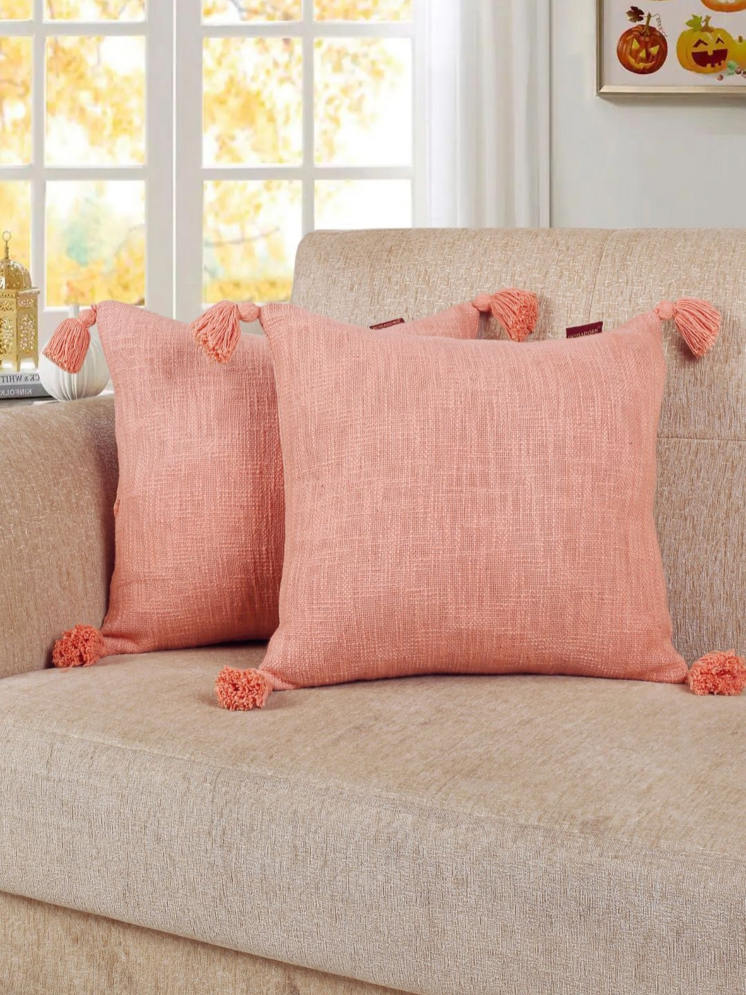

HOMADORN Peach-Coloured Textured Cotton Square Cushion Cover