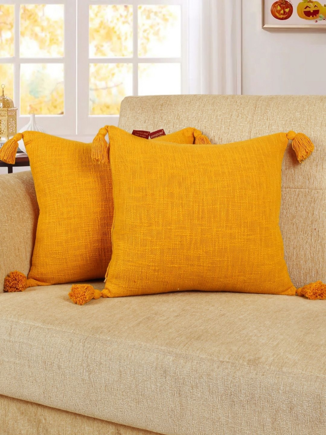 

HOMADORN Mustard Yellow Square Tasselled Cotton Cushion Cover