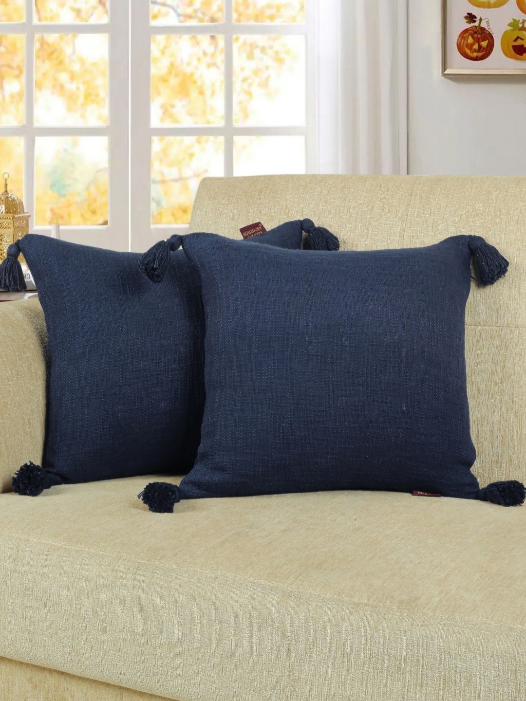 

HOMADORN Navy Blue Square Tasselled Cotton Cushion Cover