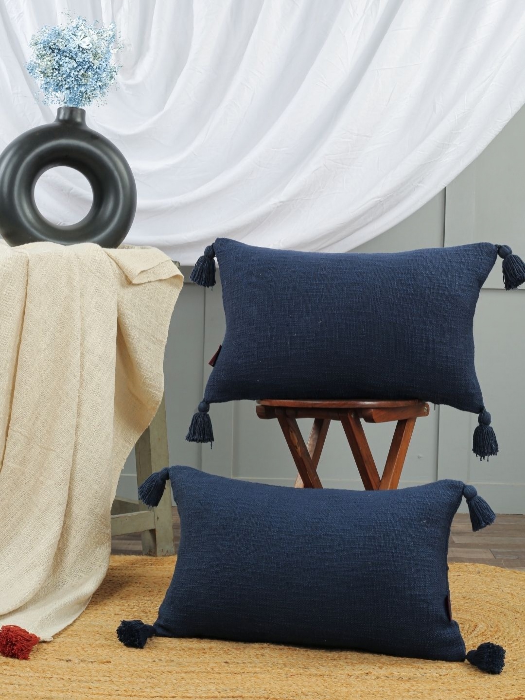 

HOMADORN Navy Blue Textured Cotton Rectangle Cushion Cover