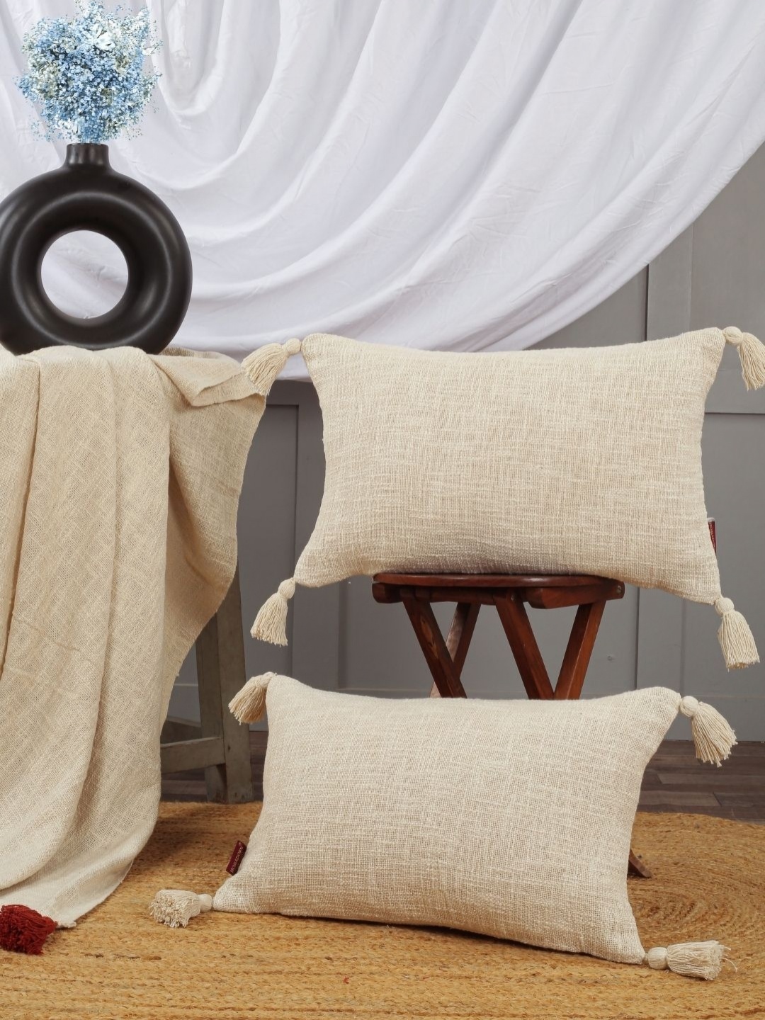

HOMADORN Off White 2 Pieces Textured Cotton Rectangle Cushion Covers