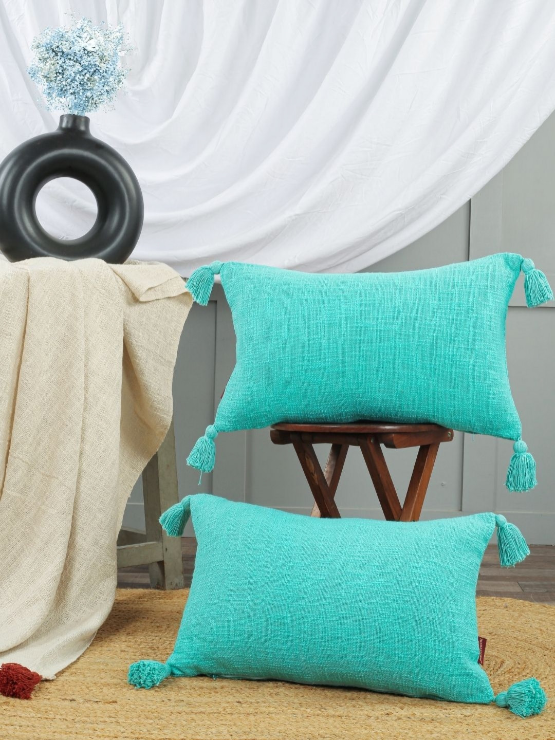 

HOMADORN Turquoise Blue Rectangle Tasselled Cotton Cushion Cover
