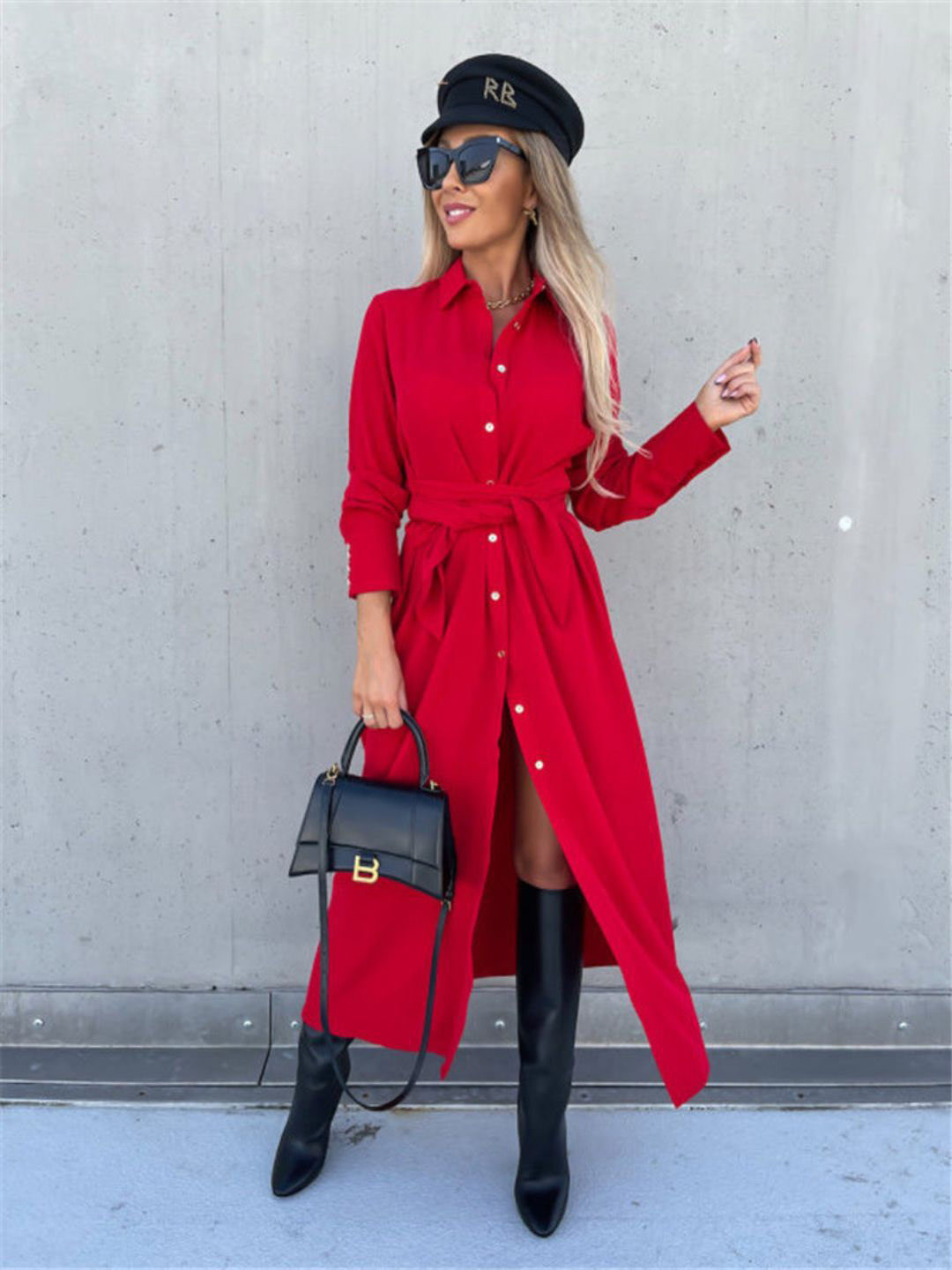 

4WRD by Dressberry Women Shirt Collar Cuffed Sleeves Shirt Dress, Red