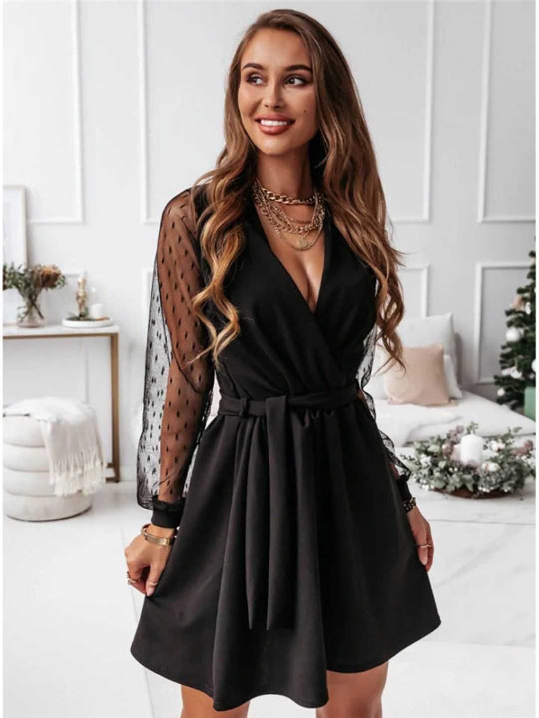 

4WRD by Dressberry Women V-Neck Cuffed Sleeves Wrap Dress, Black