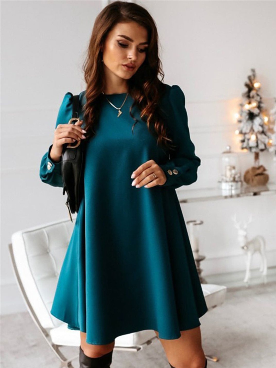 

4WRD by Dressberry Women Cuffed Sleeves A-Line Dress, Teal