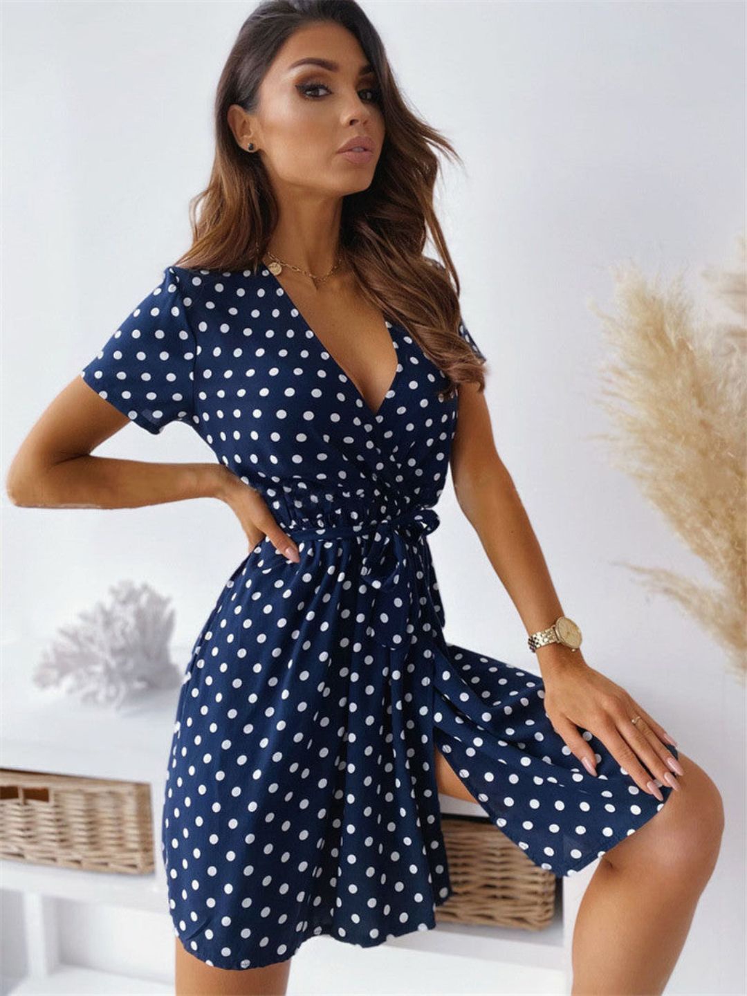 

4WRD by Dressberry Women Polka Dot Print Puff Sleeve Fit & Flare Dress, Navy blue