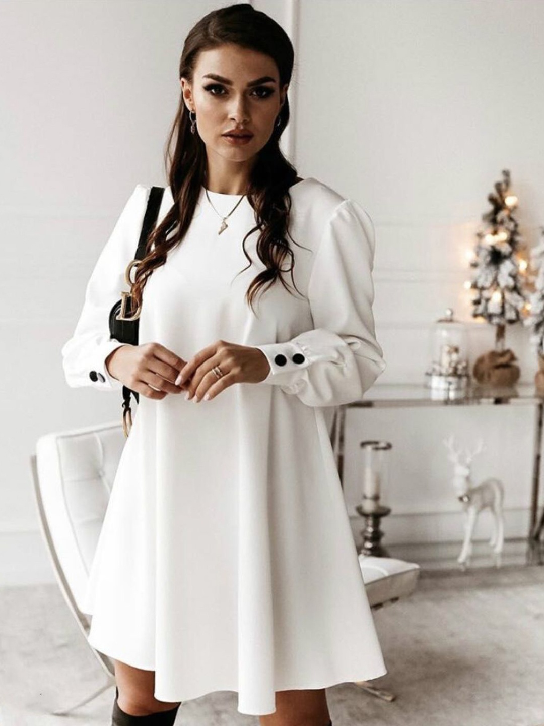 

4WRD by Dressberry Cuffed Sleeves A-Line Dress, White