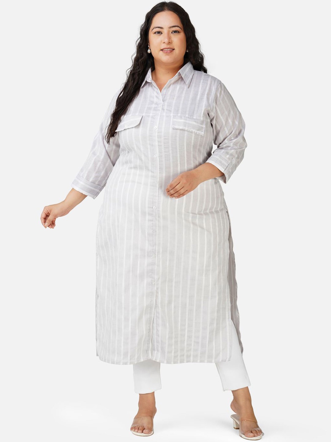 

AnjuShree Choice Plus Size Striped Roll-Up Sleeves Cotton Straight Kurta, Grey