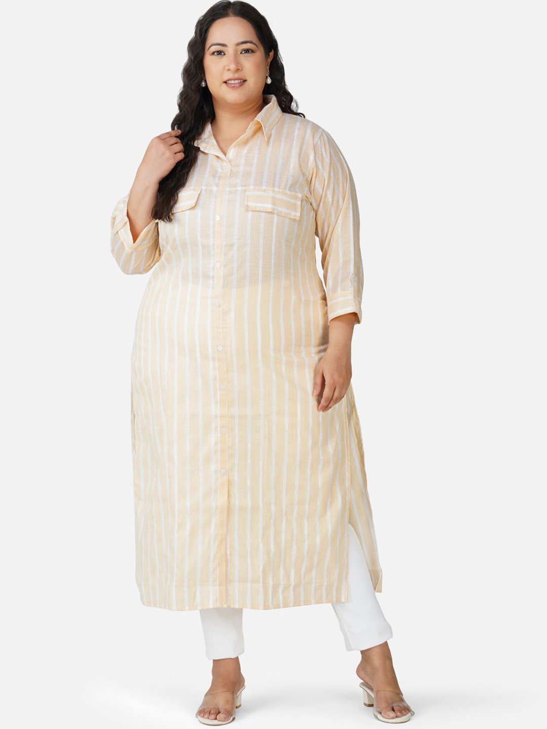 

AnjuShree Choice Plus Size Striped Shirt Collar Roll-Up Sleeves Cotton Straight Kurta, Orange