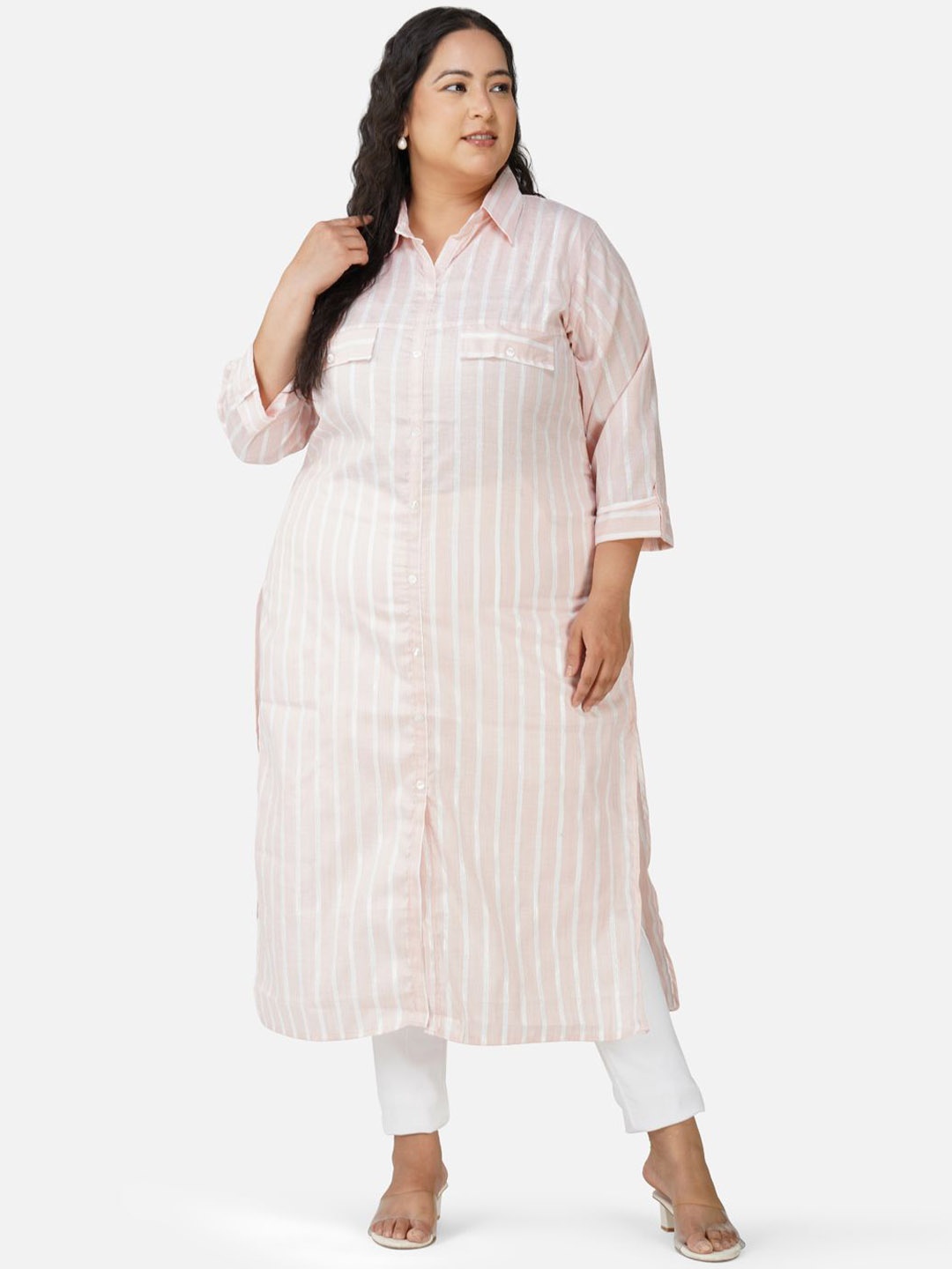 

AnjuShree Choice Plus Size Striped Cotton Straight Kurta, Peach