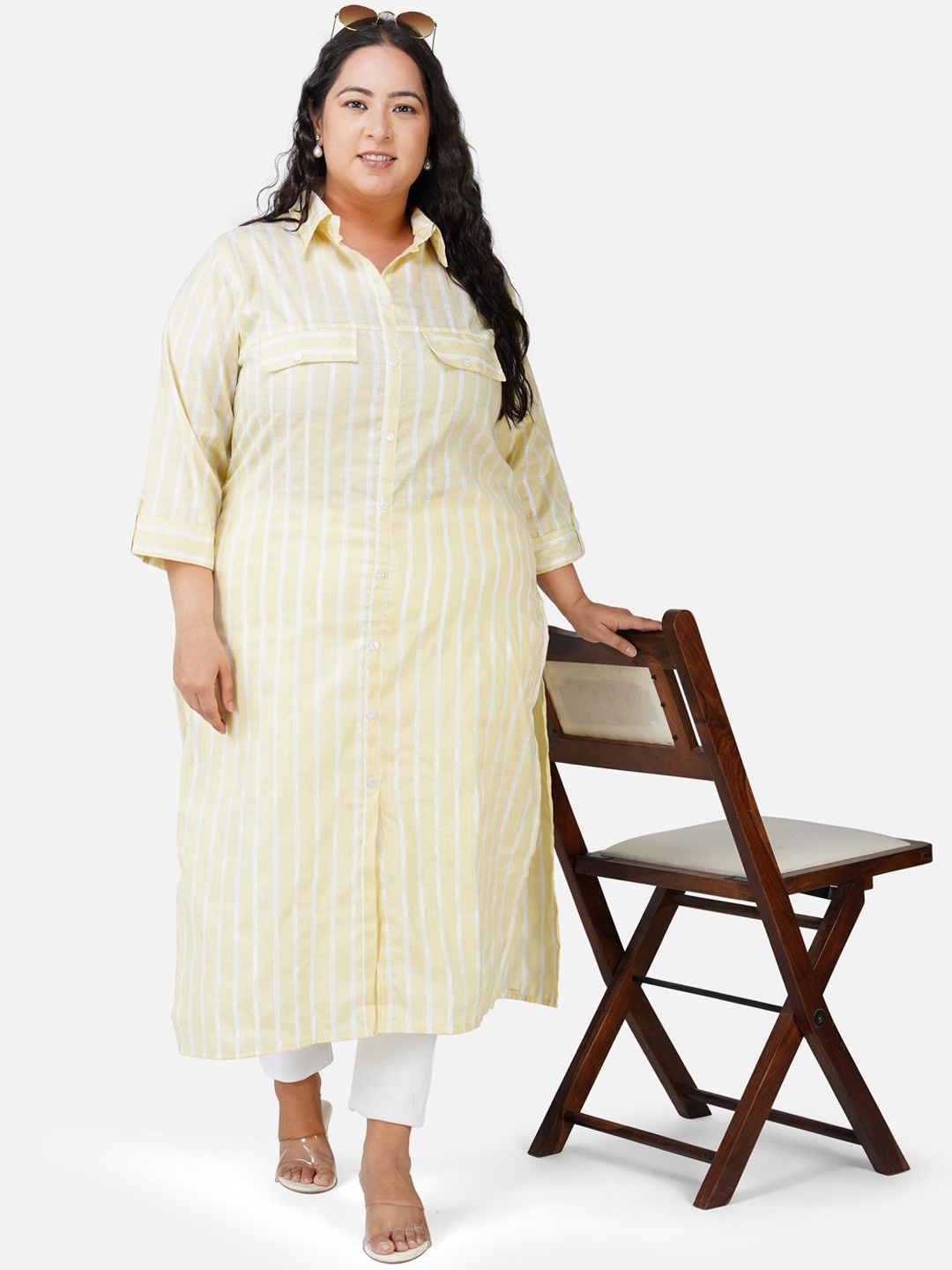 

AnjuShree Choice Plus Size Striped Shirt Collar Roll-Up Sleeves Cotton Straight Kurta, Yellow