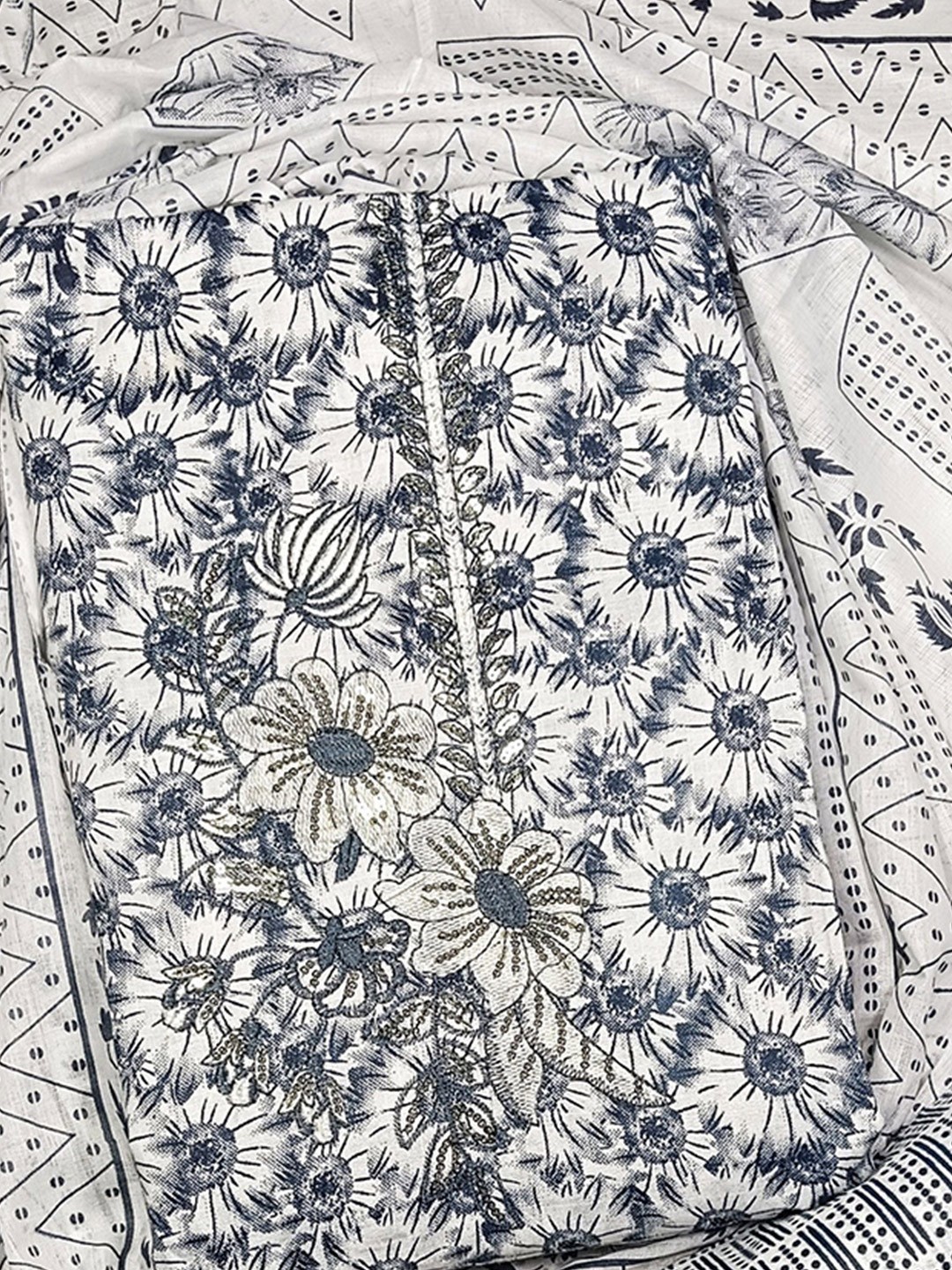 

KALINI Floral Embroidered Pure Cotton Unstitched Dress Material, White
